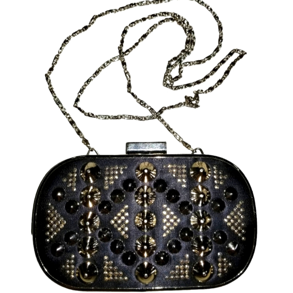 Aldo Black Clutch with Gold Studs and Chain